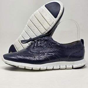 Cole Haan Zerogrand Wingtip Oxford Womens Size 7B Blue Patent Leather Pre-owned